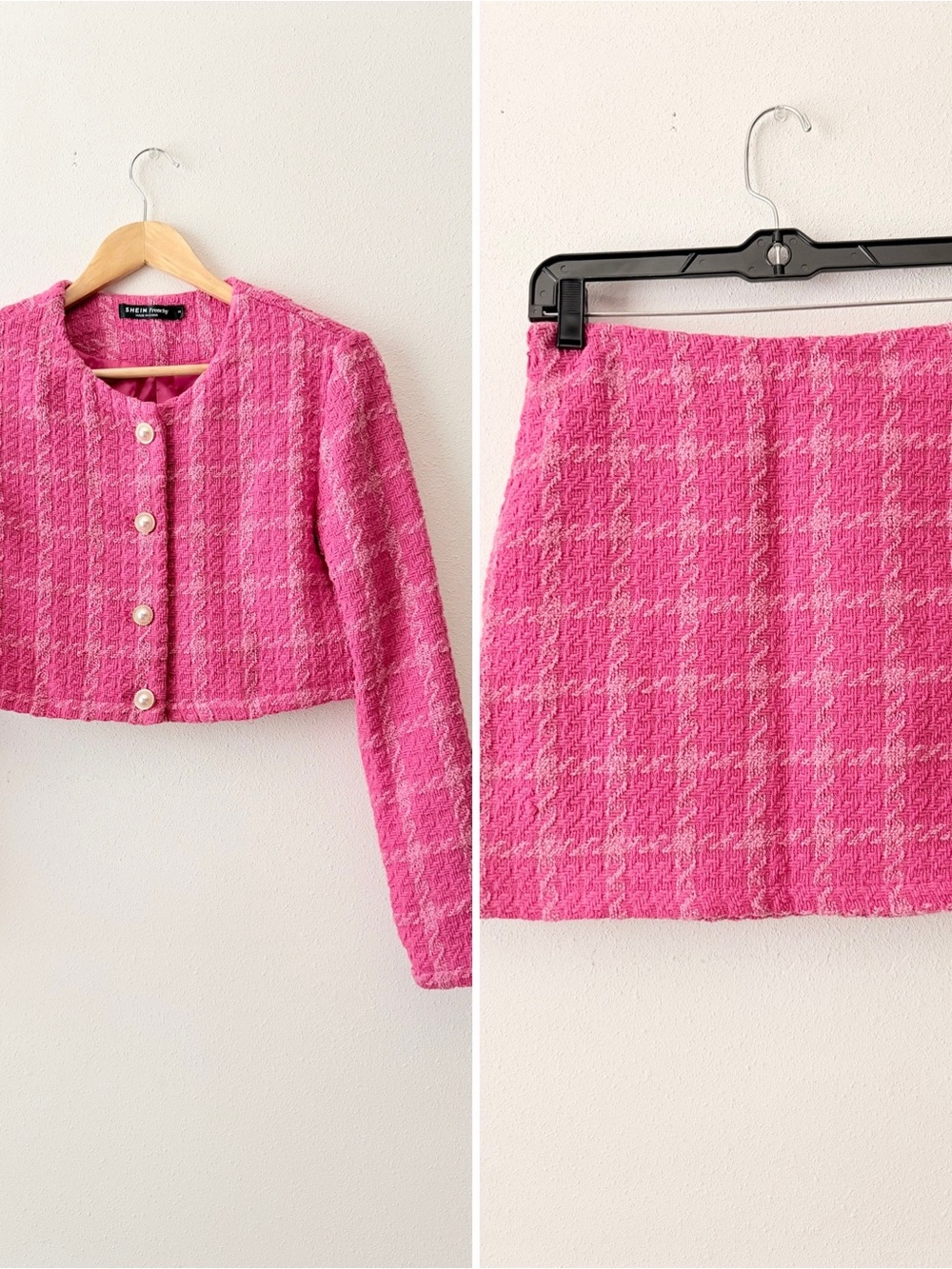 SHEIN Pink Tweed Pearl-Button Cropped Jacket and Skirt Set